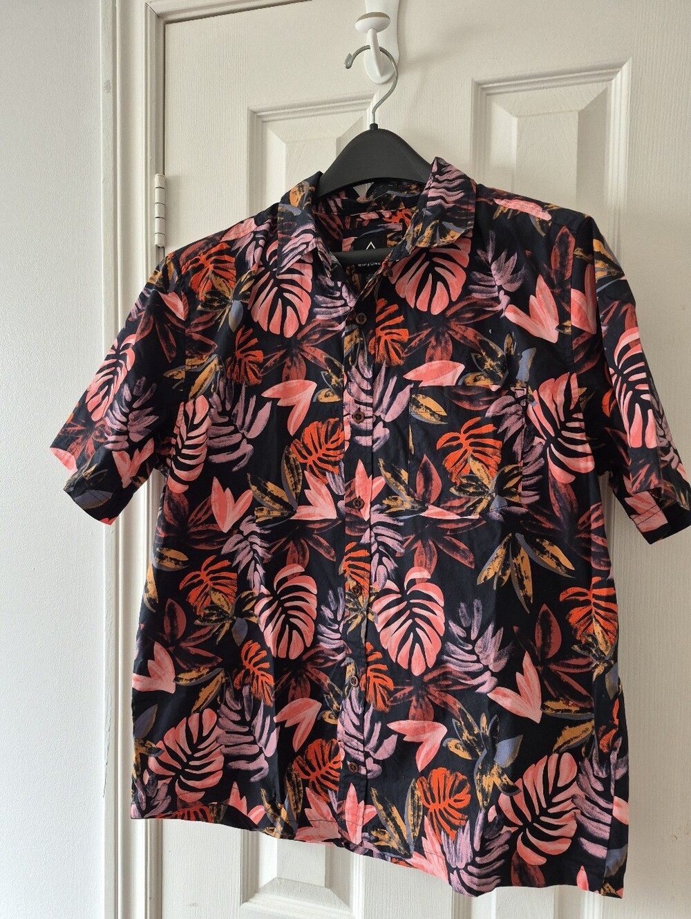 Men's Black Tropical Button-Down Hawaiian Shirt with Pink & Orange Leaf Print